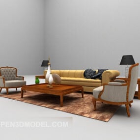 أريكة خشبية مع سجادة ريترو نموذج ثلاثي الأبعاد