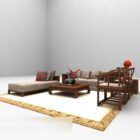 Sofá chino de madera con alfombra