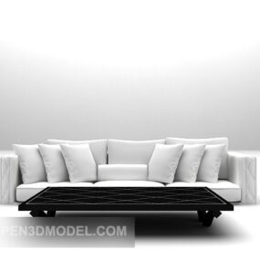 3д модель белого многоместного дивана с черным столом