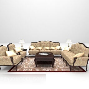 Europejska luksusowa sofa z drewnianym dywanikiem Model 3D