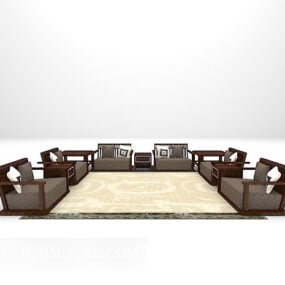 أريكة خشبية صينية مع سجادة كبيرة موديل 3D