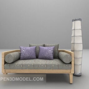 3д модель деревянного дивана из серой ткани с деревянным каркасом