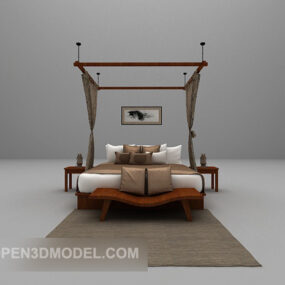 Double Wooden Poster Bed 3d model