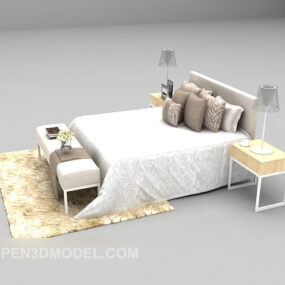 سرير أبيض مع وسائد وسجادة نموذج ثلاثي الأبعاد