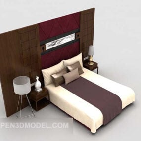 Double Bed With Wood Back Wall 3d model