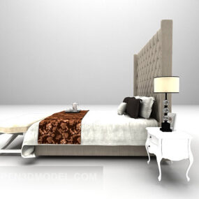White Double Bed With Back Wall 3d model