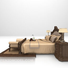 เตียงสไตล์ยุโรปพร้อมโต๊ะข้างเตียงไม้แบบ 3 มิติ