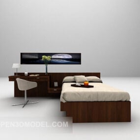 Wood Single Bed With Work Table Chair 3d model