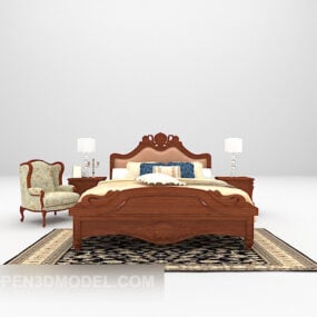 European Wooden Bed Furniture With Chair 3d model