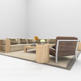 أريكة خشبية مع أثاث سجاد نموذج ثلاثي الأبعاد