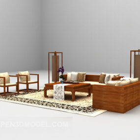 Canapé en bois avec tapis de lampe V1 modèle 3D