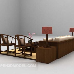 Chinese Multiplayer Sofa With Wood Chairs 3d model