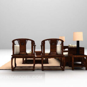 Chinese Wooden Sofa Chair With Carpet 3d model
