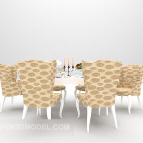Meja Makan Putih Dengan Kursi Kain Coklat model 3d