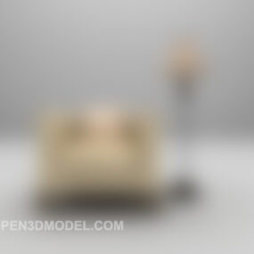フロアランプ付きのシンプルなベージュのレザーソファ3Dモデル