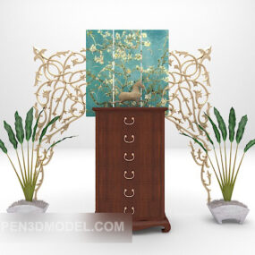 Wood Side Cabinet Decorative With Plant Potted 3d model
