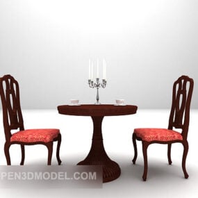 European Round Wooden Tea Table With Chair 3d model
