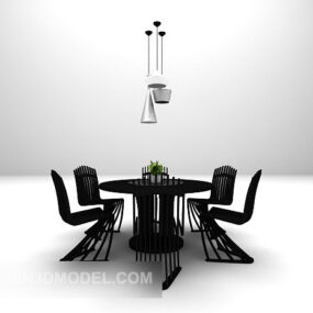 Black Wood Table And Modernism Chair Set 3d model