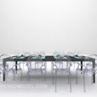 Musta ruokapöytä läpinäkyvillä tuoleilla