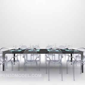 3д модель черного обеденного стола с прозрачными стульями