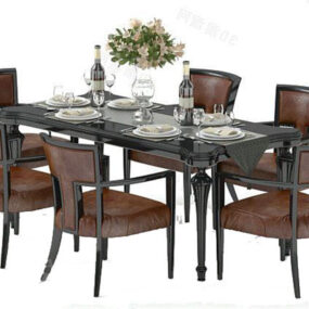 Wooden Dining Table With Leather Chair 3d model