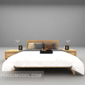 Wood Double Bed With Nightstand 3d model