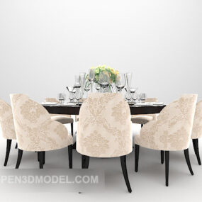 European Round Wood Dining Table Chairs 3d model
