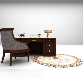 European Wooden Desk With Round Carpet 3d model