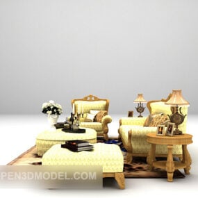 3д модель комбинированного желтого тканевого ковра на диван-кресло