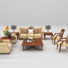 كراسي أريكة منجدة خشبية آسيوية نموذج ثلاثي الأبعاد