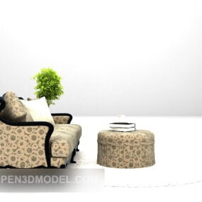 3д модель двуспального дивана с серым узором и табуреткой