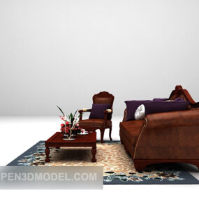 Table de canapé en cuir européen avec tapis modèle 3D