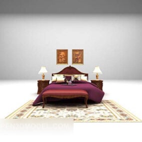 3д модель двуспальной кровати с бархатной мебелью и винтажным ковром