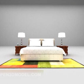 سرير مزدوج أوروبي حديث مع سجادة ملونة نموذج ثلاثي الأبعاد