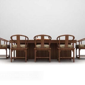 Mesa de jantar e cadeira de madeira em formato longo Modelo 3D
