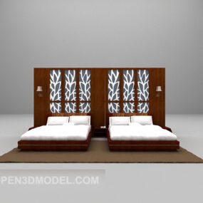 3D model Twin Double Bed with Backwall