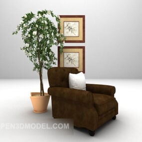 Sofa Kulit Dengan Model Lukisan Dan Tanaman Pot 3d