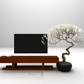 Brown Tv Cabinet With Bonsai Potted 3d model