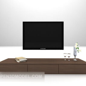 کابینت تلویزیون چوبی با تلویزیون مدل سه بعدی