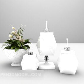 Conjunto blanco de candelabro con planta en maceta modelo 3d