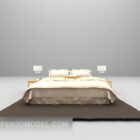 Beigefarbenes Bett mit braunen Teppichmöbeln