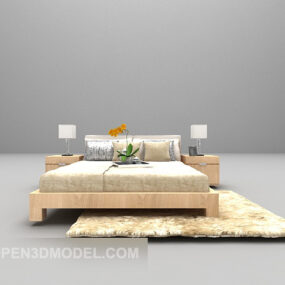 Wood Double Bed With Carpet Furniture 3d model