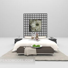 مبلمان تختخواب سفید با دکور دیوار پشتی مدل سه بعدی