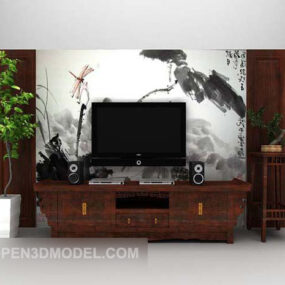 جدار تلفزيون مع لوحة صينية خلف نموذج ثلاثي الأبعاد