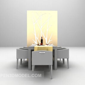의자와 뒷벽 장식이 있는 나무 테이블 3d 모델