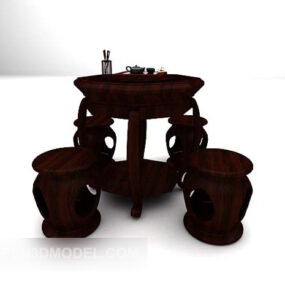 어두운 갈색 나무 테이블과 의자 3d 모델