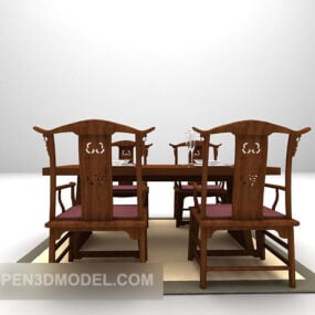 चीनी रेट्रो लकड़ी की डाइनिंग टेबल कुर्सी 3डी मॉडल