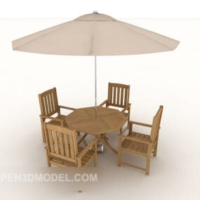 שולחן וכיסאות מעץ מלא חוף דגם תלת מימד
