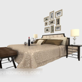 Bedroom Double Bed With Picture Decor 3d model
