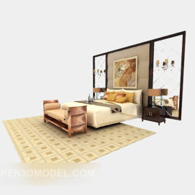 غرفة نوم خشب متين سرير مزدوج نموذج ثلاثي الأبعاد